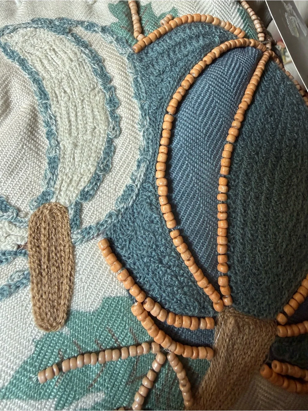 Embroidered Pumpkin Lumbar Pillow in Cream and Teal